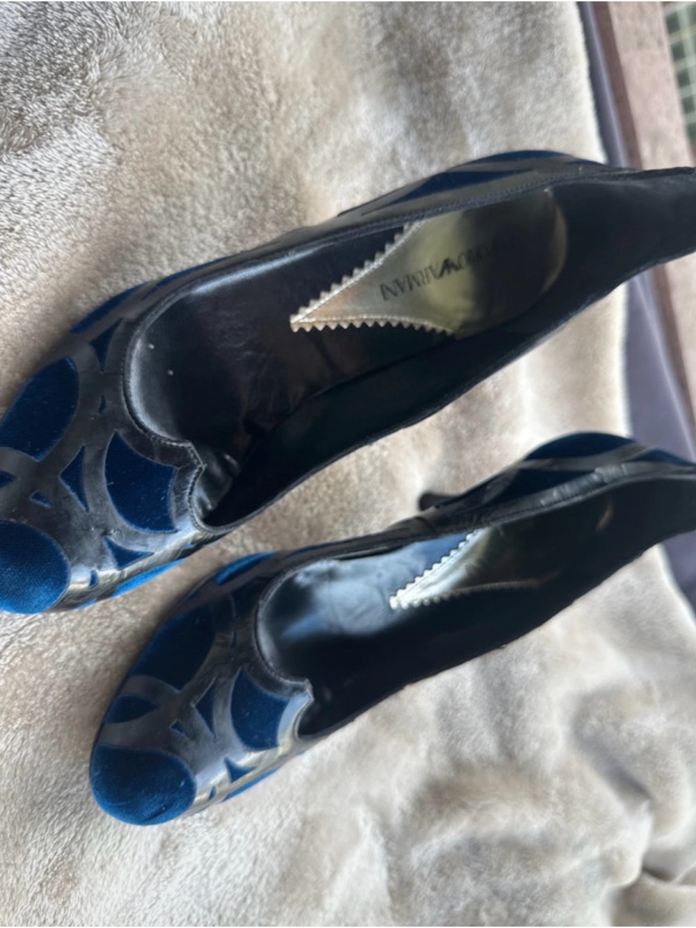 Emporio Armani Navy Velvet Peep-Toe Heels